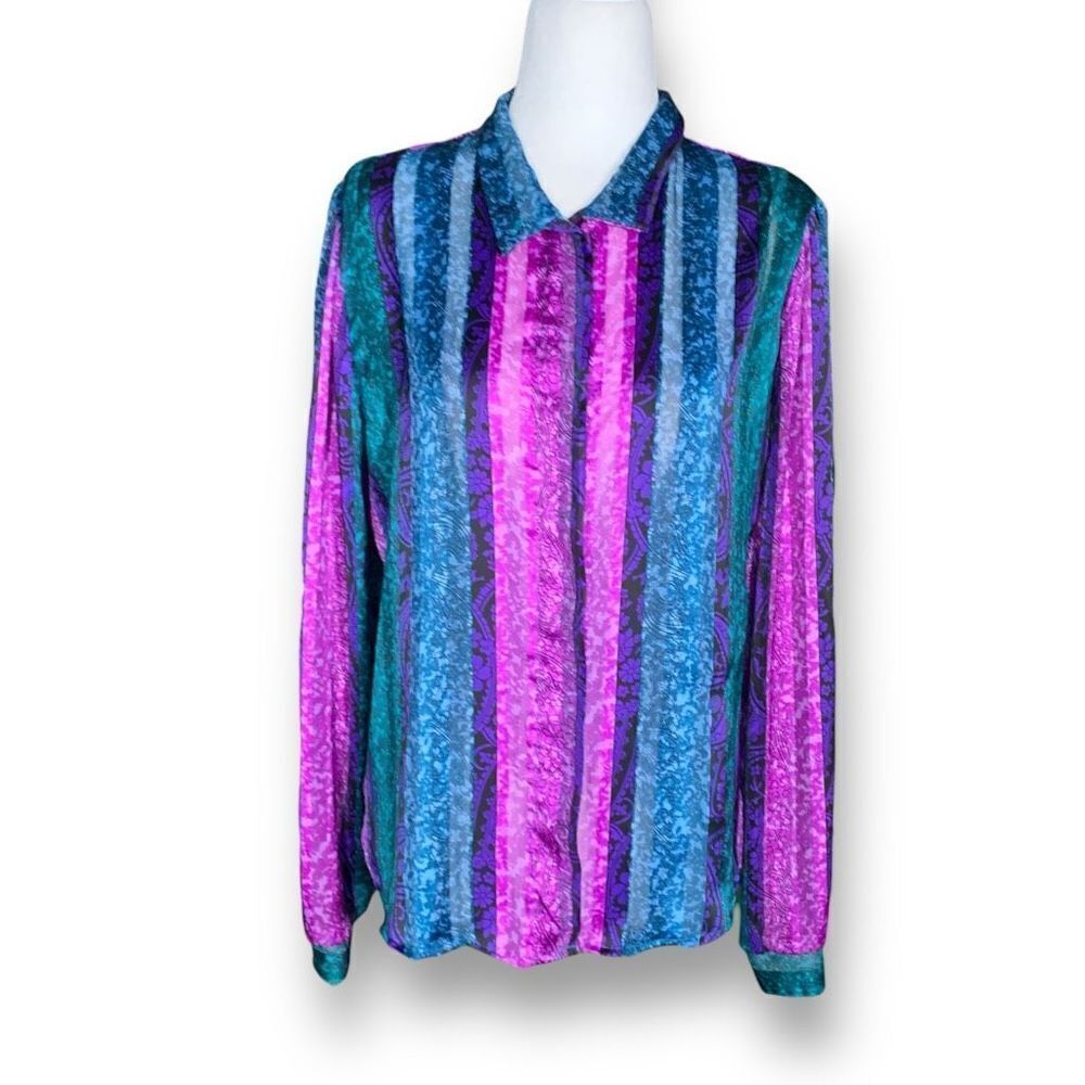 Vintage Melrose Blouse Purple Blue Sheer Paisley Floral Striped Long Sleeve